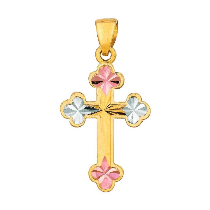 Ciondolo croce fantasia taglio diamante lucido 14K giallo+bianco+oro rosa per la vendita all'ingrosso da parte di The Diamond Deal