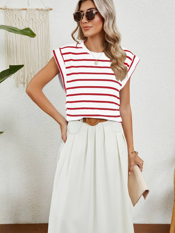 NINEXIS - Wholesale T-Shirt - Women's - CWTBLS0865_ROUND NECK STRIPED RAGLAN SLEEVE T-SHIR