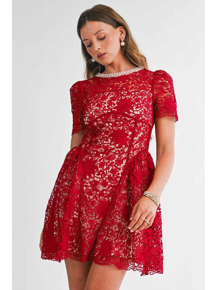 Vermelho YD5057 Vestido Mini Evasé com Renda Ornamentada para venda a revendedores na Faire6