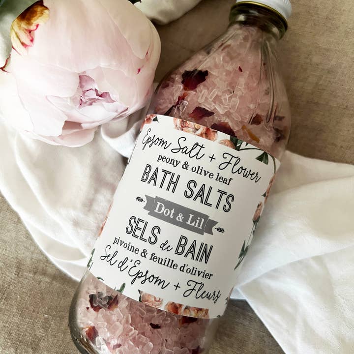 Sels de bain pivoine et feuille d'olivier pour la vente par Dot & Lil