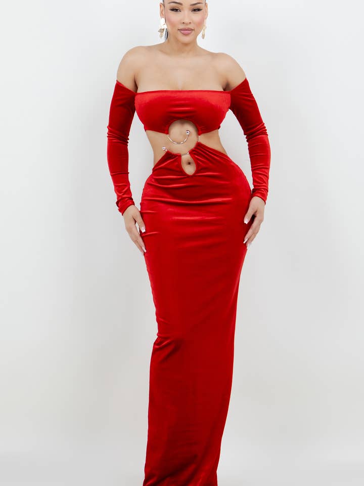 OFF THE SHOULDER VELVET MAXI DRESS for wholesale by Belita Collection