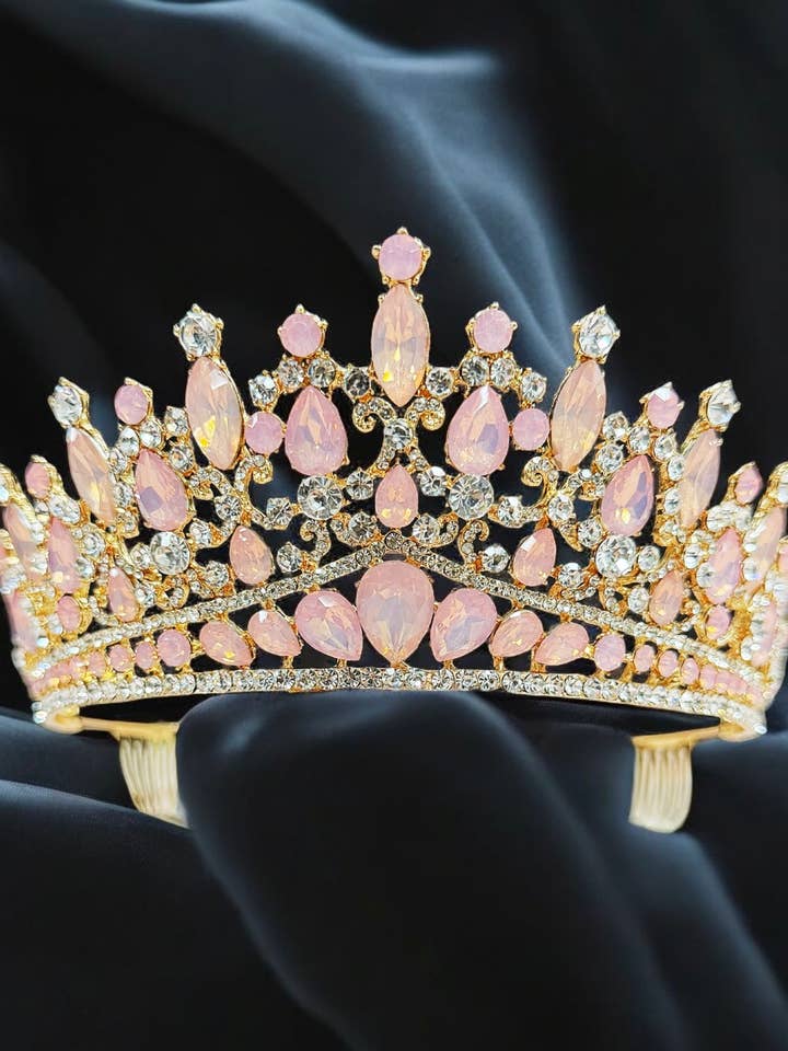 Rosa ädelsten Tiara, Brudbröllop Guldkrona, Festkrona för wholesale av Happy Dream Gifts