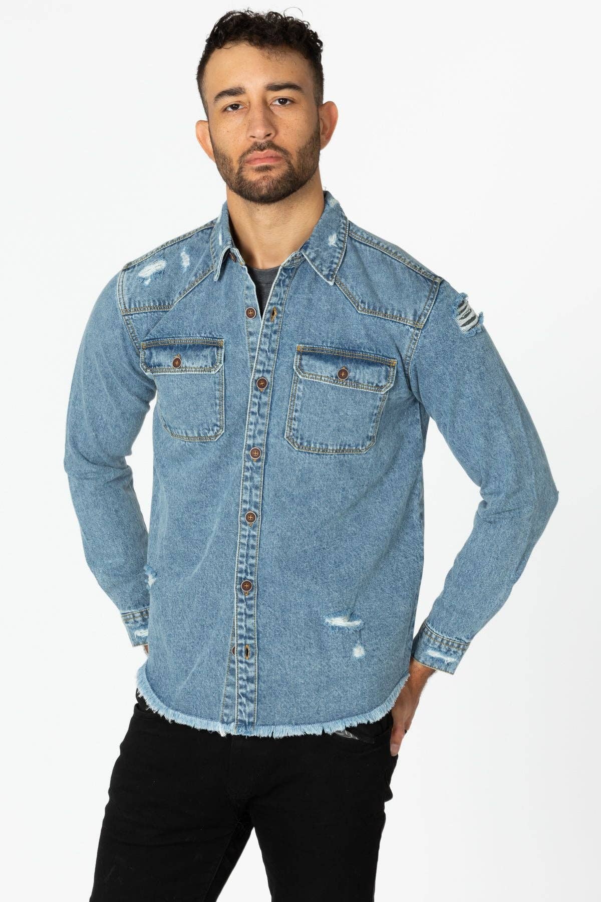 LIGHT WASHED Men's Denim Shirt with Distressed for wholesale on Faire2