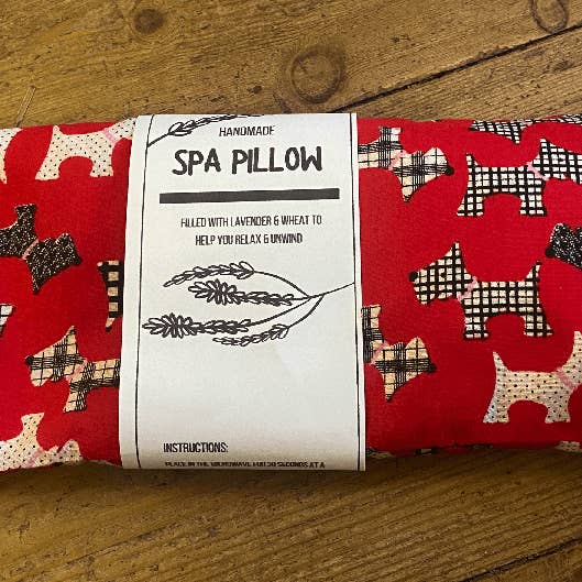 Red Scottie Dogs Print Handmade Heatable Lavender and Wheat Spa Pillow for wholesale by The Hare And The Moon
