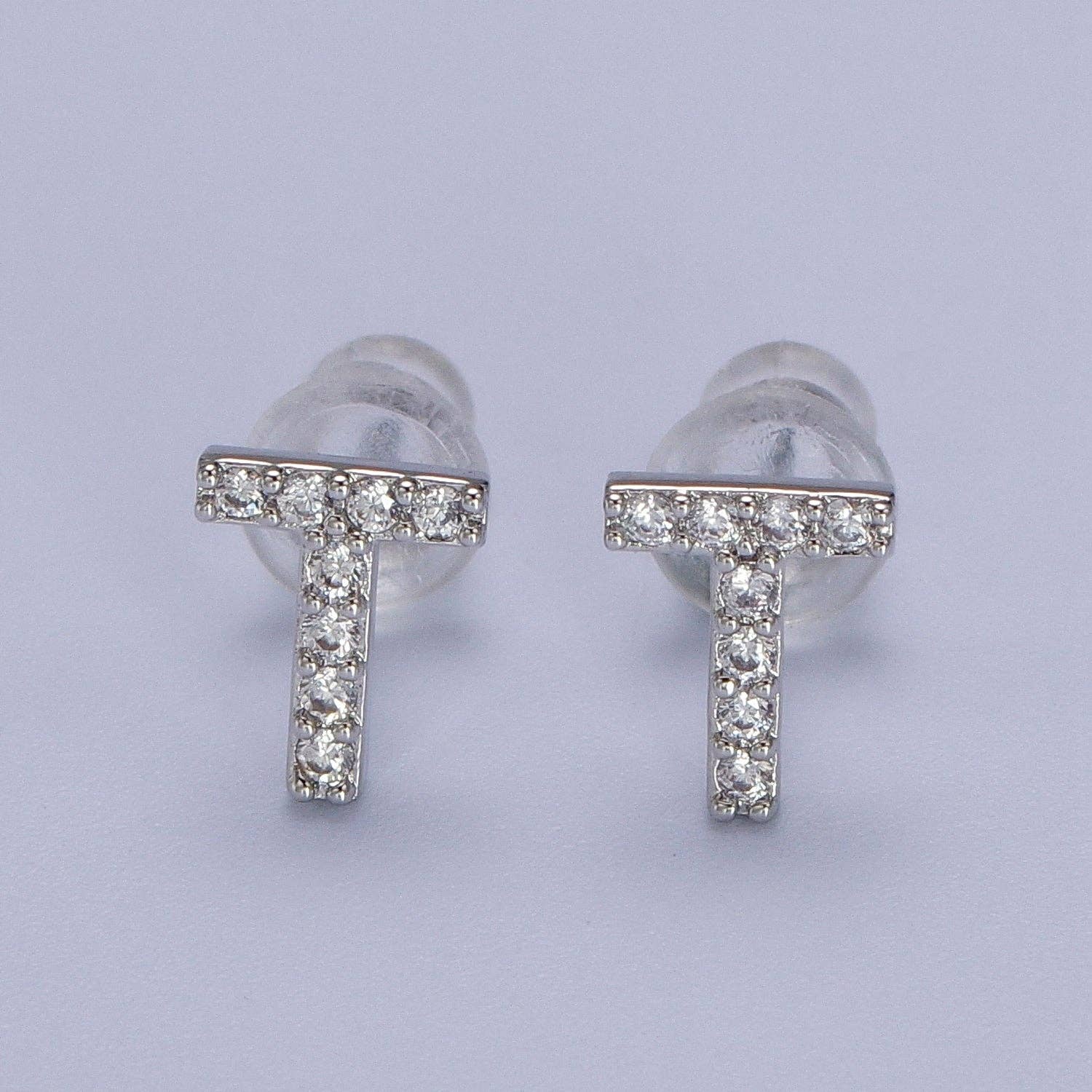 Aim Eternal - Wholesale Stud/Post Earrings - White Gold Filled Tiny Initial Letter Diamond CZ Silver Stud19