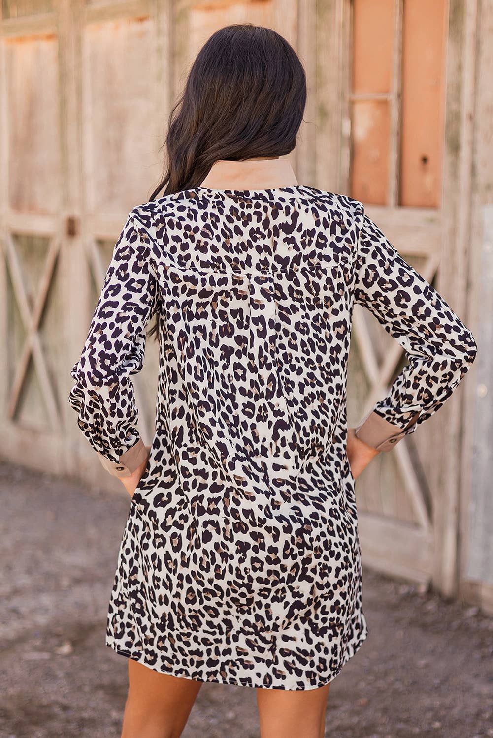 As Shown Button Striped Collar Leopard Print Long Sleeve Flared Dress for wholesale on Faire1