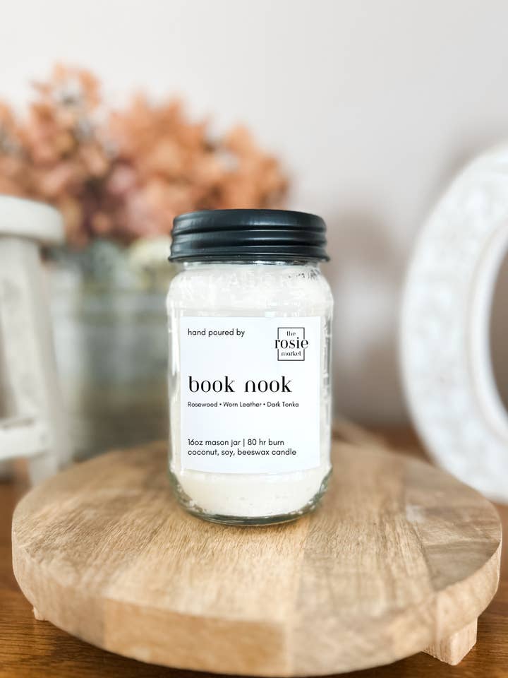 Book Nook 16oz Mason Jar Candle for wholesale by The Rosie Market