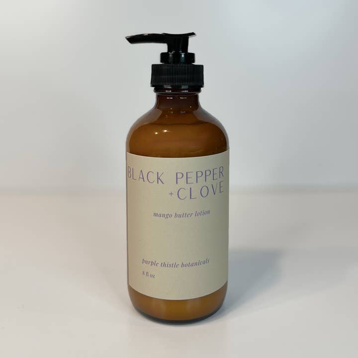 Black Pepper + Clove Mango Butter Lotion for wholesale by Purple Thistle Botanicals