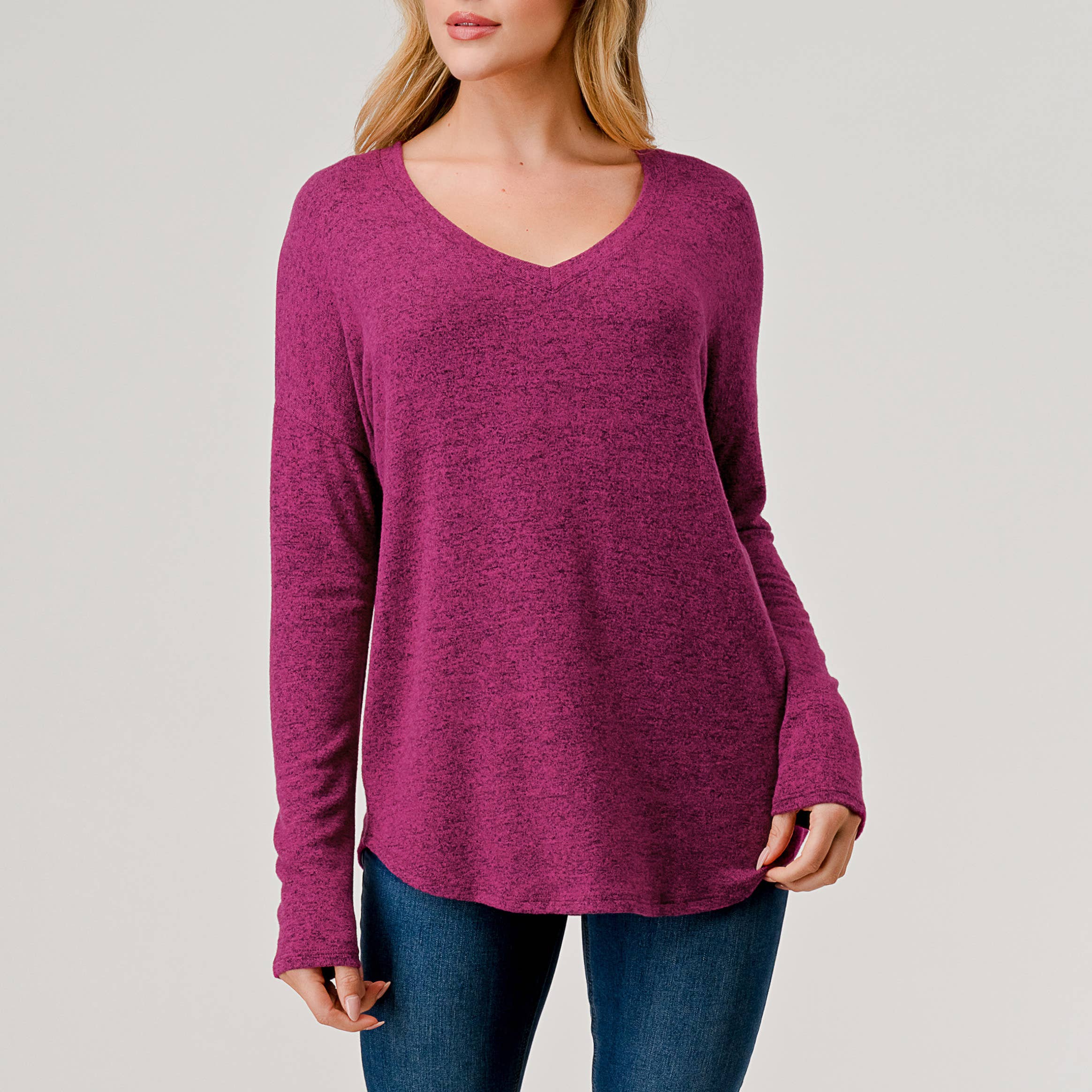 Heimious - Wholesale Knit Top - Women's - Long Sleeve V-neck Brushed Knit Top, 27386
