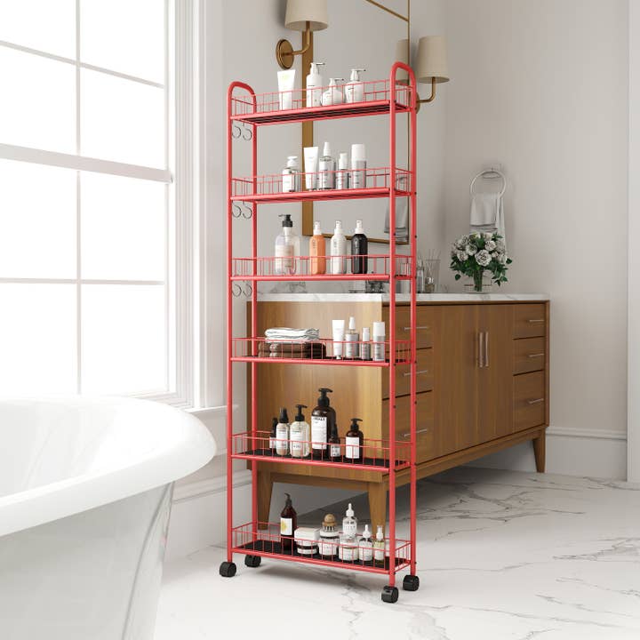 Orange County Decor - Wholesale Free Standing Shelf - Red 6 Tier Rolling Cart Gap Kitchen Slim Slide Out Storage Tower Rack With Wheels,6 Baskets,Kitchen,Bathroom Laundry Narrow Piaces Utility Cart Red Kitchen American Design,American Traditional Metal