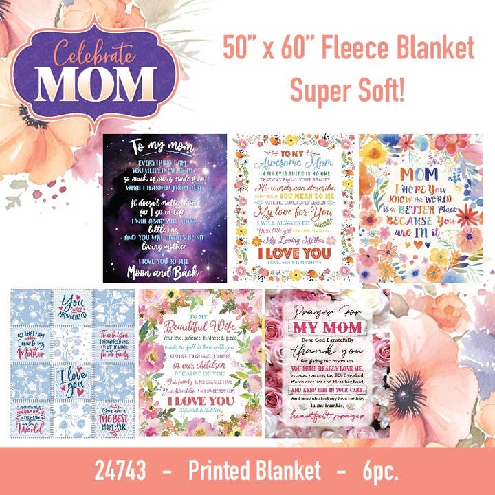 Novelty Closeout - Wholesale Throw Blanket - Plush Fleece Blanket 50 x 60 Mother's Day Assortment- 6/Pack
