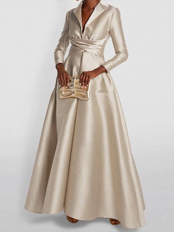 Plush Looks - Wholesale Dress - Women's - A-Line High Waisted Pleated Solid Color V-Neck Maxi Dresses3