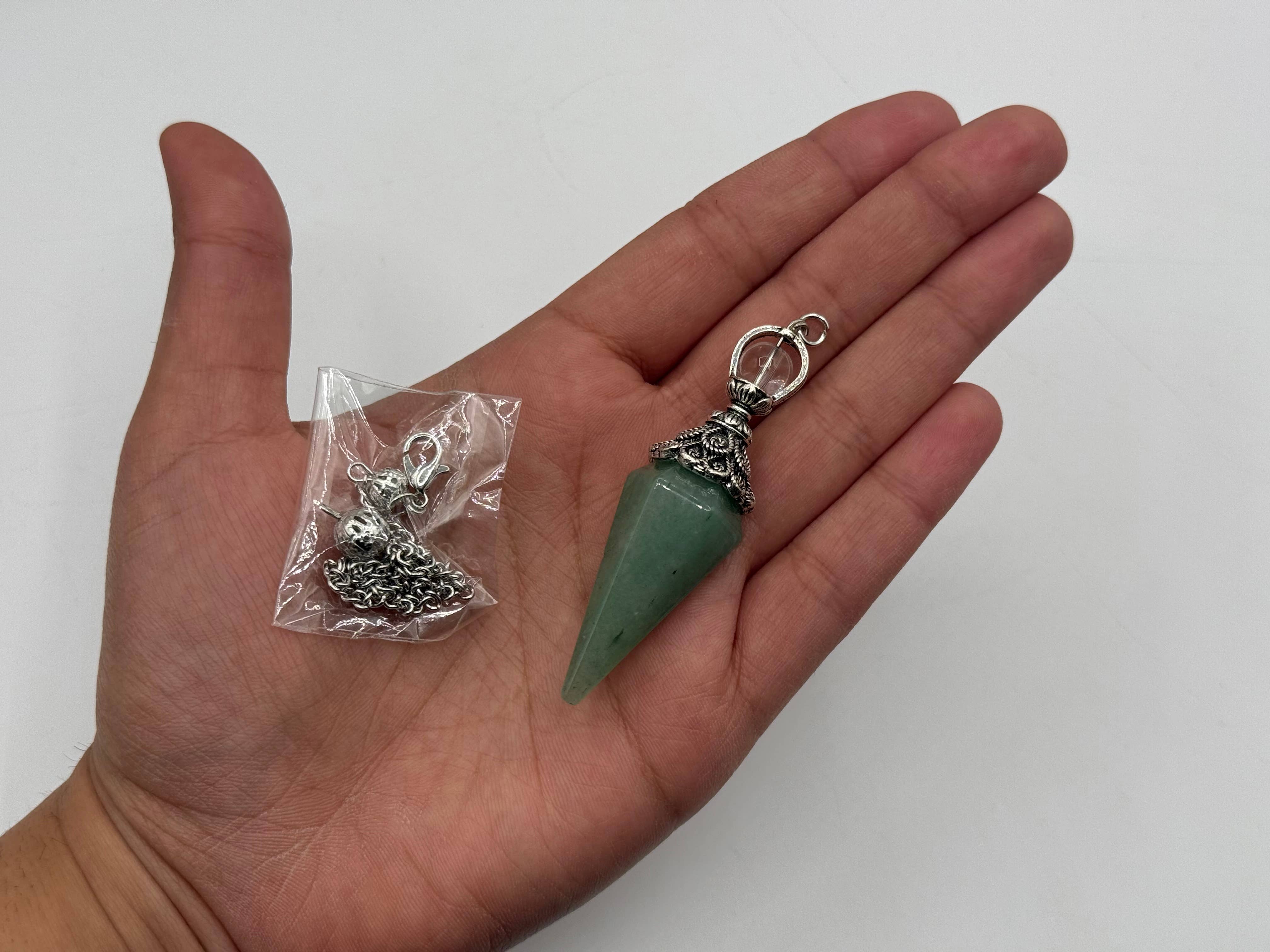 Meraki Gemstones - Wholesale Pendulum Board - Green Aventurine Double Cap Pendulum with Silver Plate Chain7