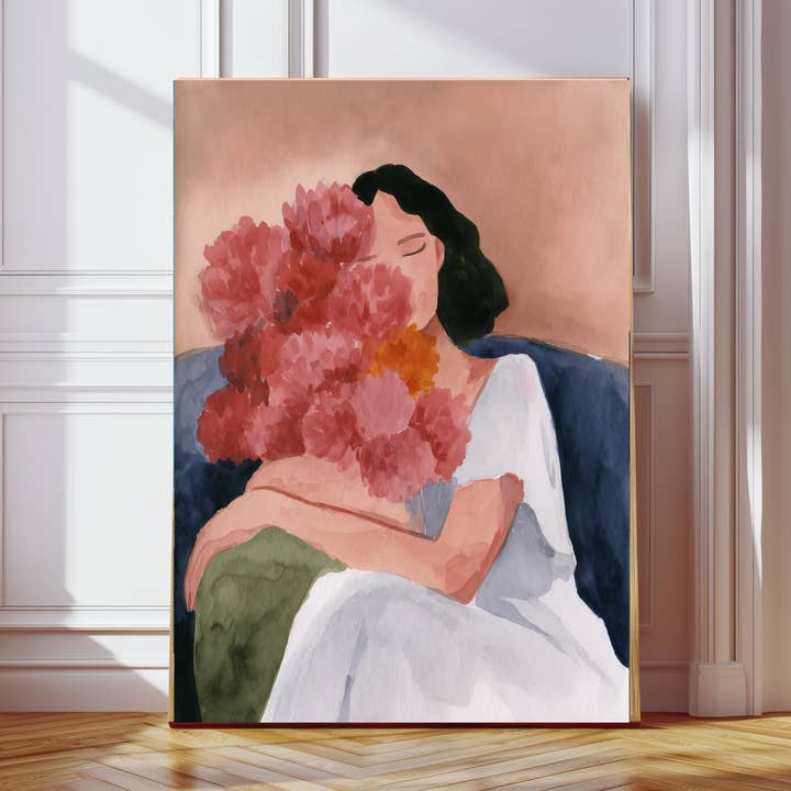 Stampa d'Arte Ritratto di Donna Impressionista con Fiori per la vendita all'ingrosso da parte di Kumo Art Prints