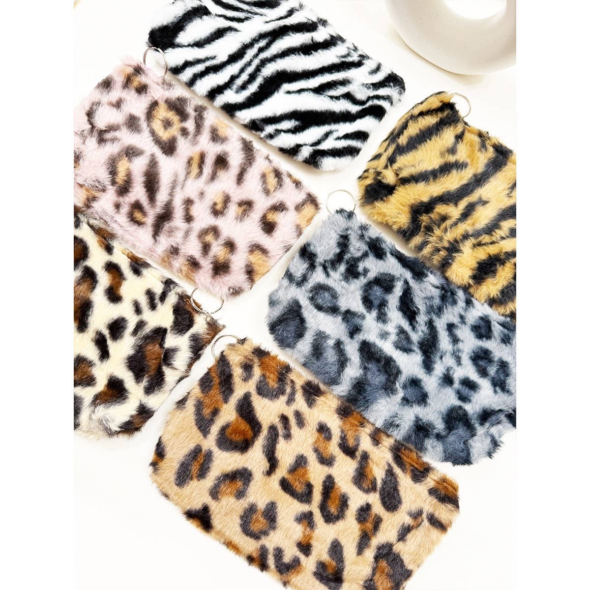 MIX COLOR Faux Fur Leopard Design Coin Purse with Key Ring for wholesale on Faire5