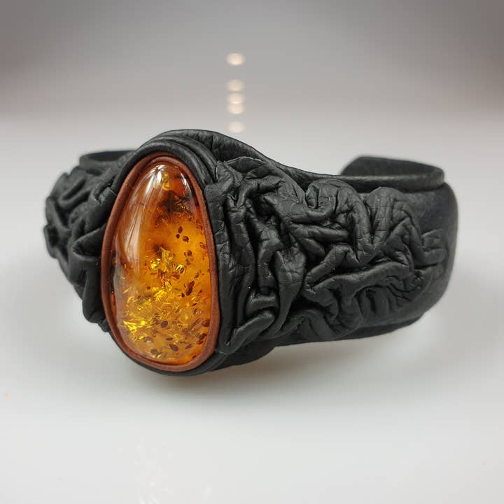 Leather bracelet baltic Amber caff bracelet with gemstone for wholesale by AmberLithuania
