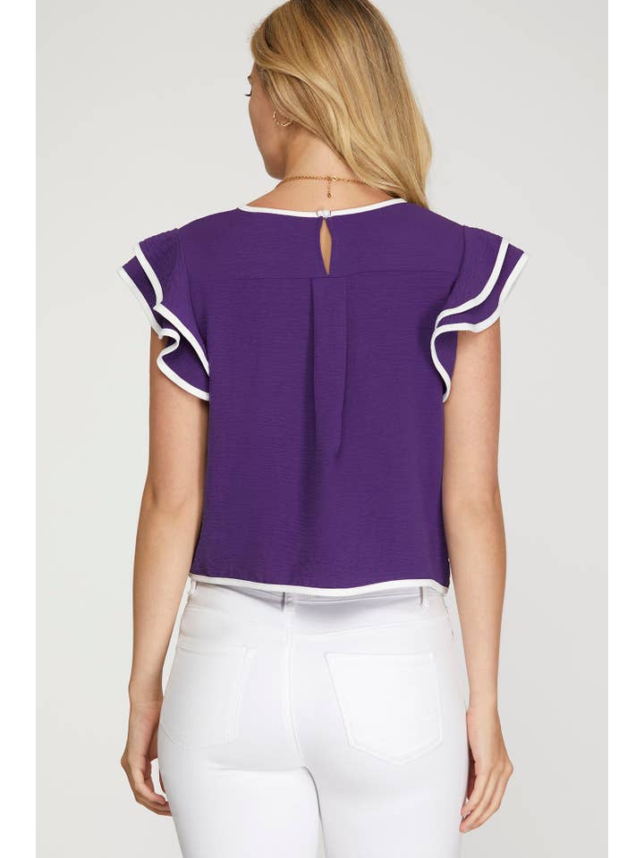 Vanilla Monkey - Wholesale Blouse - Women's - Game Day Ruffle Sleeve Contrast Piping Top6