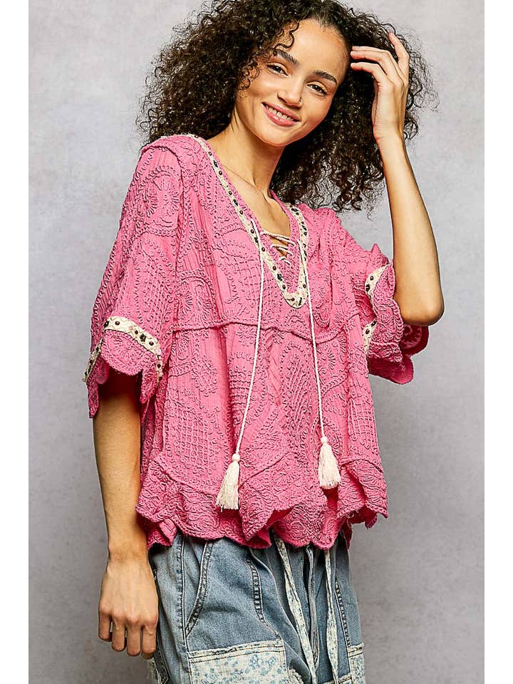 Pol Clothing - Wholesale Blouse - Women's - Short Sleeve Adjustable Drawstring Crochet V Neck Top16