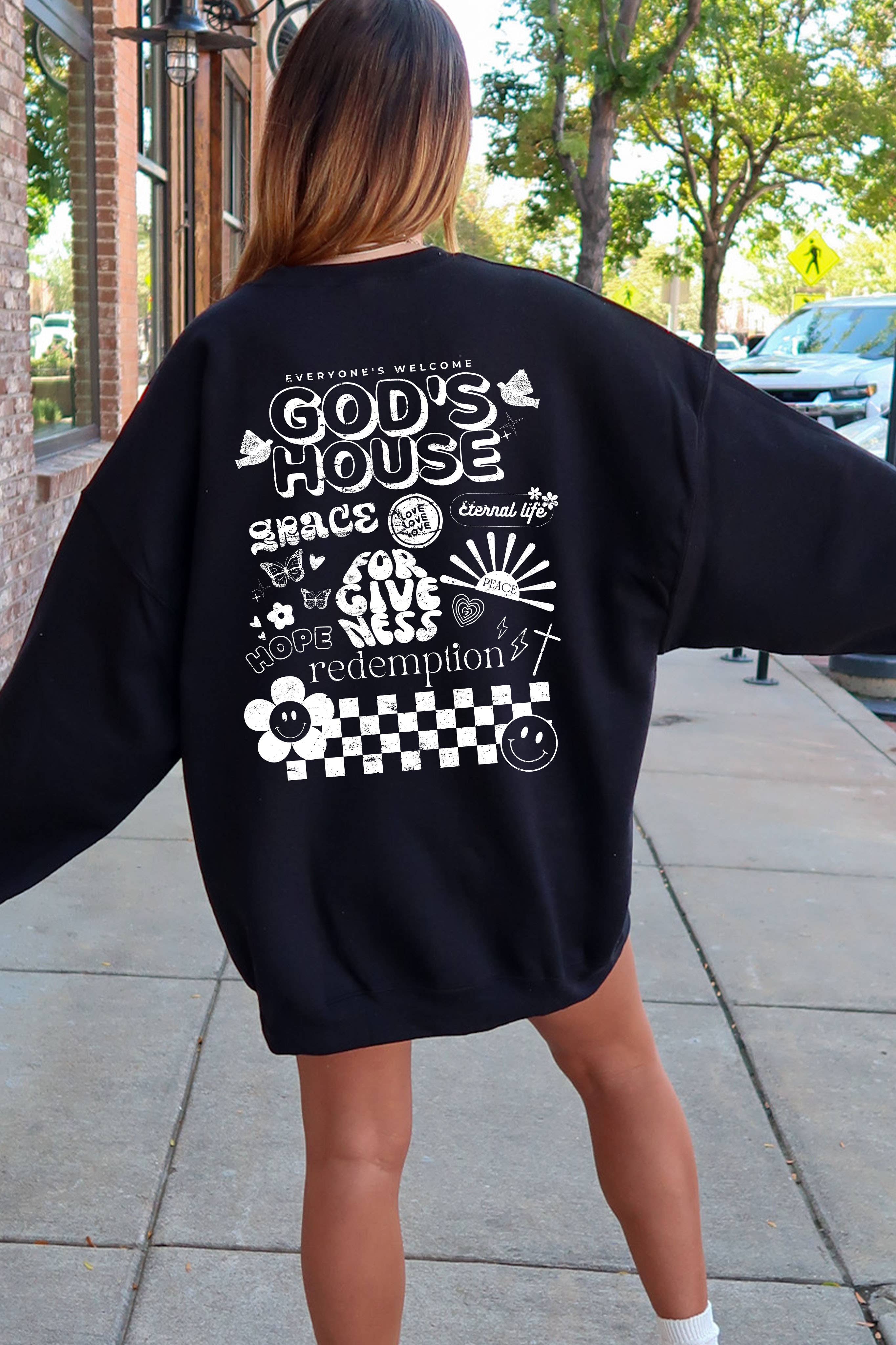 Spirit+Tribe - Vendita all'ingrosso Felpa stampata - Donna - Felpa « God's House » in cotone e poliestere color azzurro chiaro7