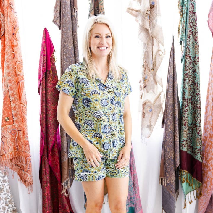 Minted Motif Block Print Pajama Shorts Set for wholesale by Rahab's Rope