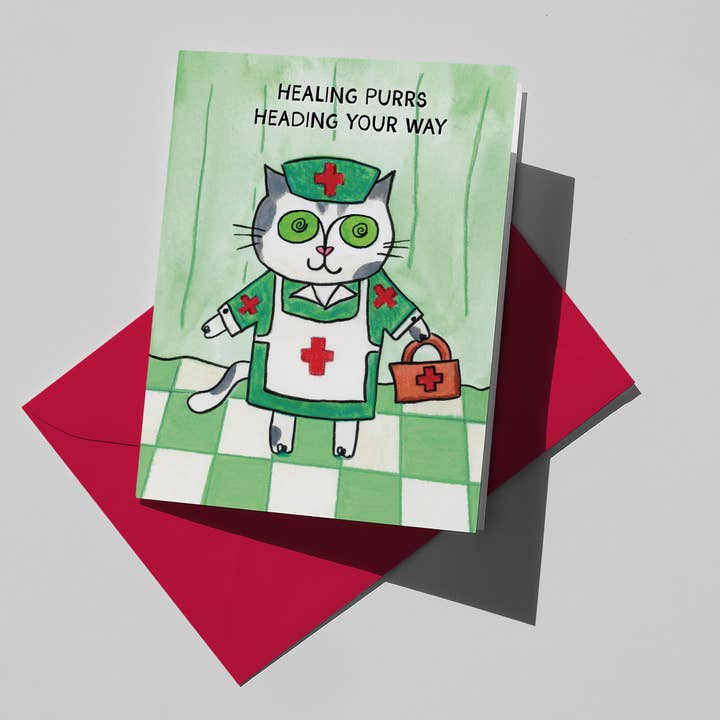 'Healing Purrs' Get Well Card for wholesale by Over the Mewn