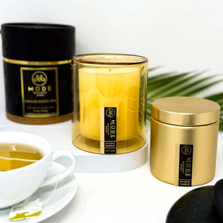 Vela de té blanco de jengibre de 11 onzas, vidrio de doble pared con azafrán para venta al por mayor de MODE modern aromas