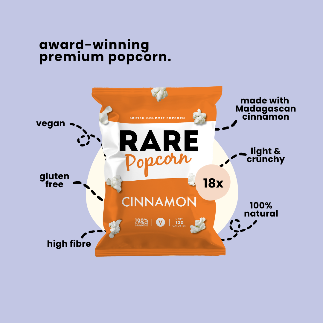 RARE Popcorn – Engroshandel Popcorn – SJÆLDEN Kanelpopcorn Kasse med 18 | Vegansk, Naturlig1