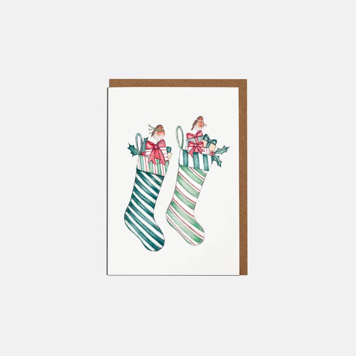 Stockings & Robins Mini Christmas Card - Blank for wholesale by Lottie Murphy