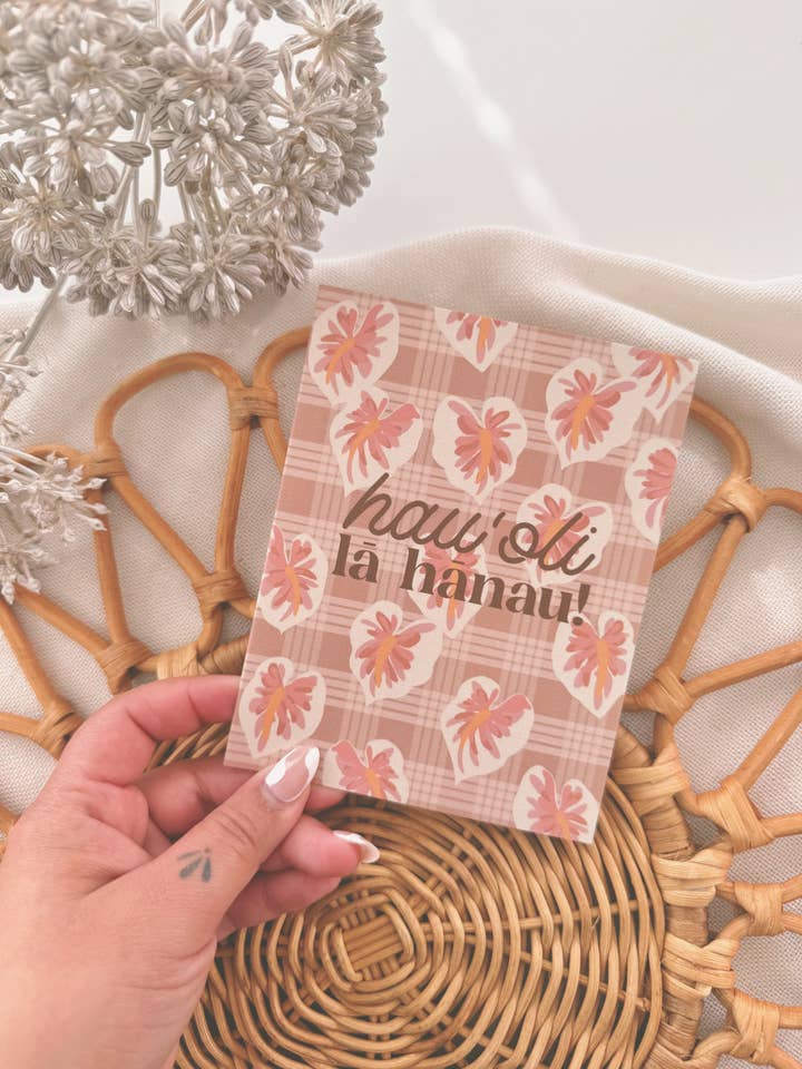 Hau'oli Lā Hānau in White Hilo Anthurium | Greeting Card for wholesale by Bujo Bae