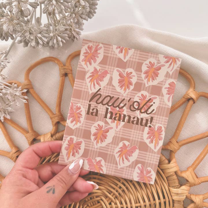 Bujo Bae - Wholesale Baby Card - Hau'oli Lā Hānau in White Hilo Anthurium | Greeting Card