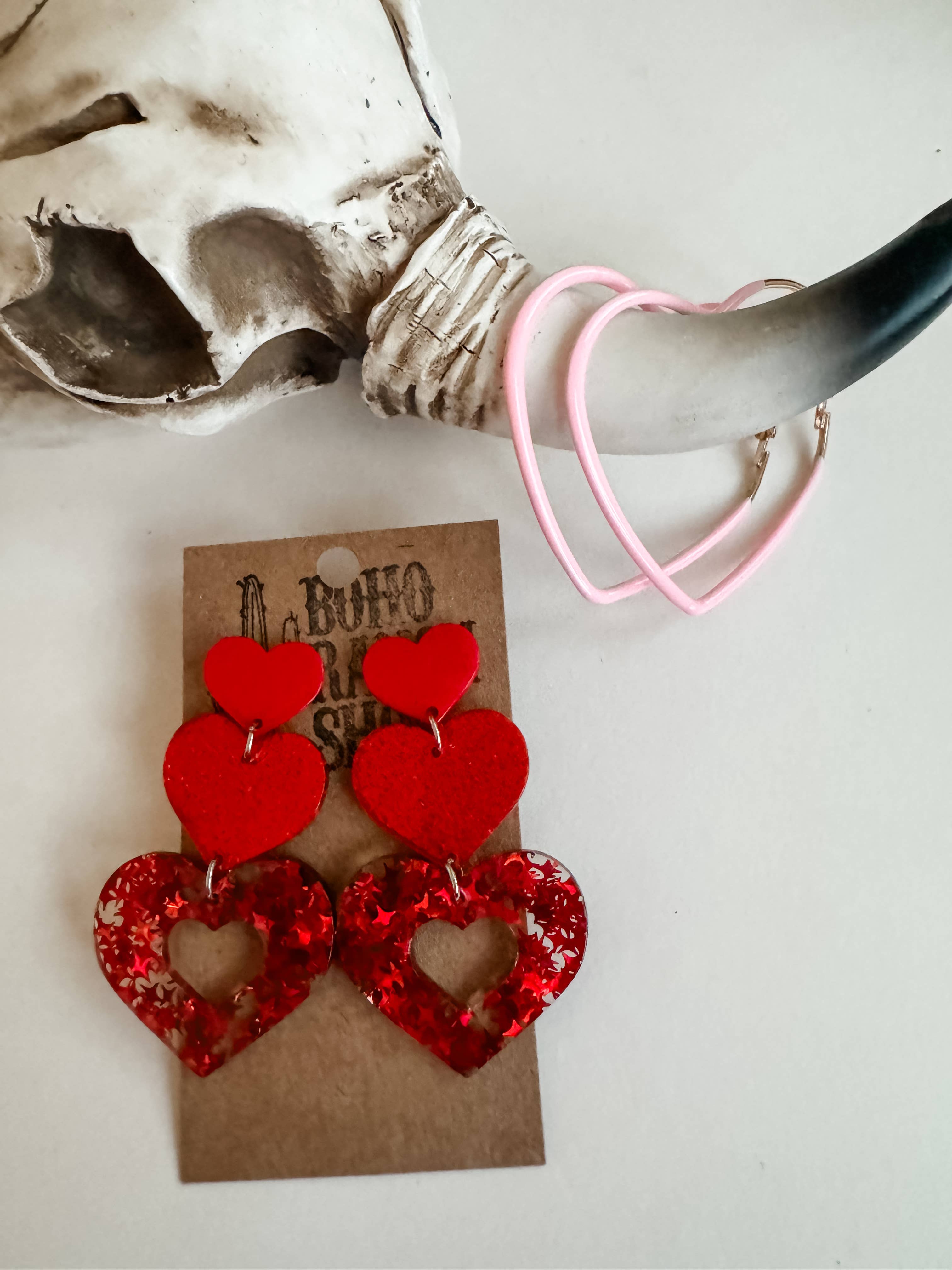 Boho Ranch Shop - Wholesale Stud/Post Earrings - Stacked Red Heart Earrings - Valentines’s Day - Love6