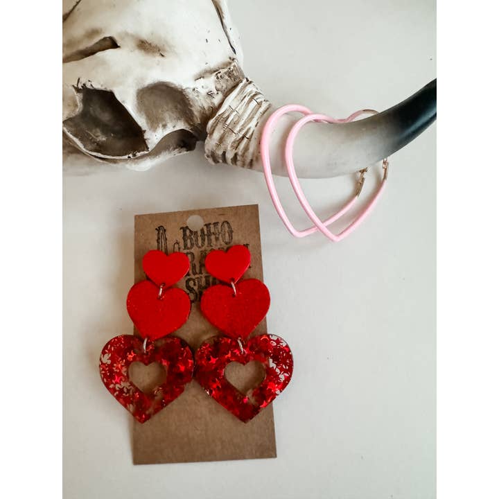 Boho Ranch Shop - Wholesale Stud/Post Earrings - Stacked Red Heart Earrings - Valentines’s Day - Love6