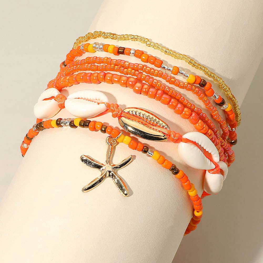 Sensibling Corp. - Wholesale Jewelry Set - 6PCS - Starfish Charm Accented Conch Shell Seed Beaded Multi Layered Anklets11