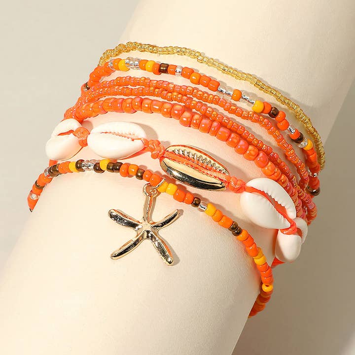 Sensibling Corp. – wholesale Jewellery set – 6PCS - Starfish Charm Accented Conch Shell Seed Beaded Multi Layered Anklets11