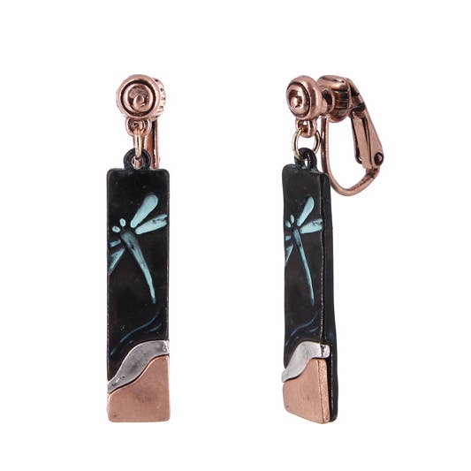 0011 PREMIERE - Wholesale Clip-On Earrings - FR5940 Patina Dragonfly Tri-Tone Rectangle Clip Earrings