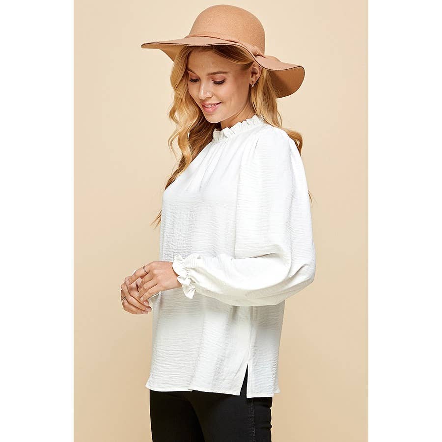 LIME N CHILI - Wholesale Blouse - Women's - Solid Ruffle Mock Neck Balloon Sleeve Blouse2