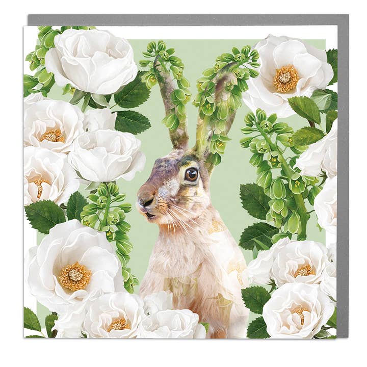 Hare with White Garden Roses Card by Lola Design for wholesale by Lola Design Ltd