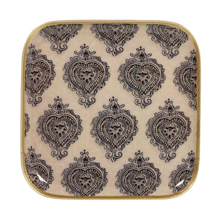 Plateau métal émaillé Arles 16x16 lin, bordure dorée pour la vente par Maison Lilo