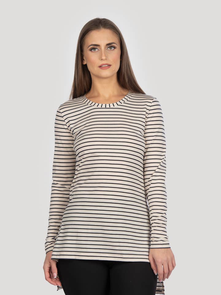 Camisola às Riscas de Gola Redonda em Merino e Tencel para Mulher por atacado de linenease