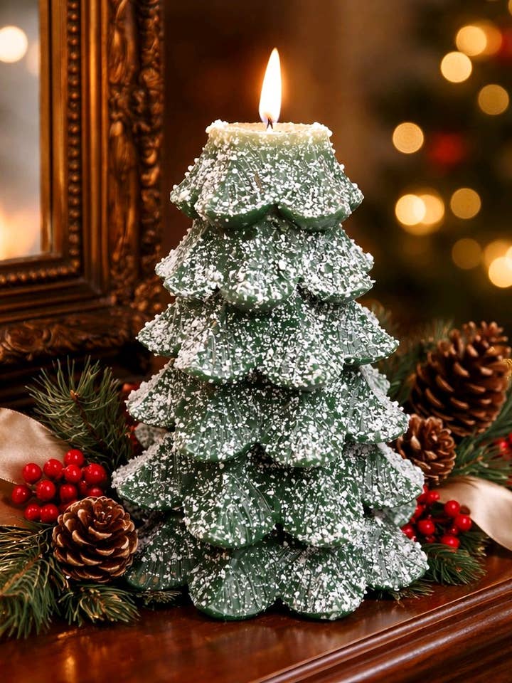 Grüner Weihnachtsbaum mit glitzernder, beweglicher Flamme LED-Kerze 5x6,5 Zoll für den Großhandel von Wholesale Home Decor