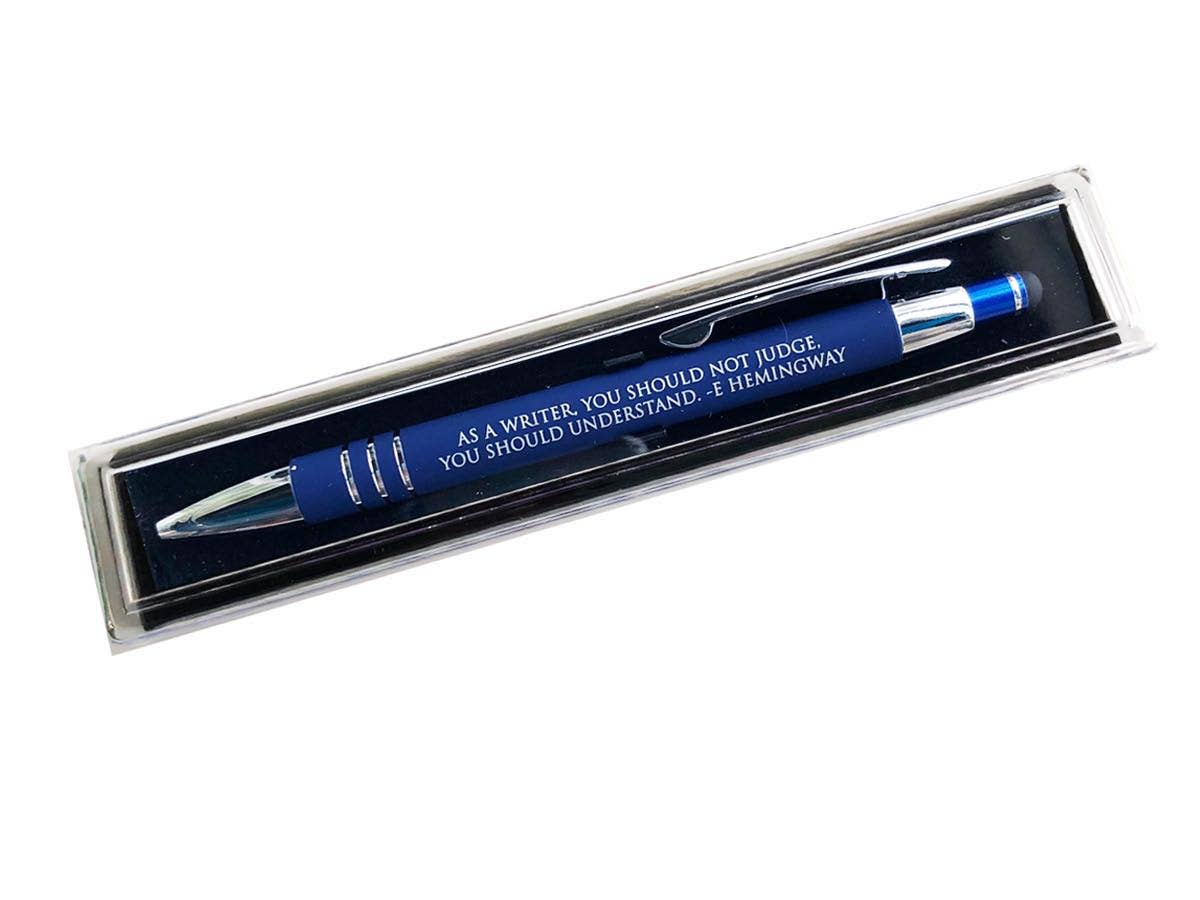 Fly Paper Products – wholesale Pen – As a Writer, you should not judge- Hemingway Quote Blue Pen2