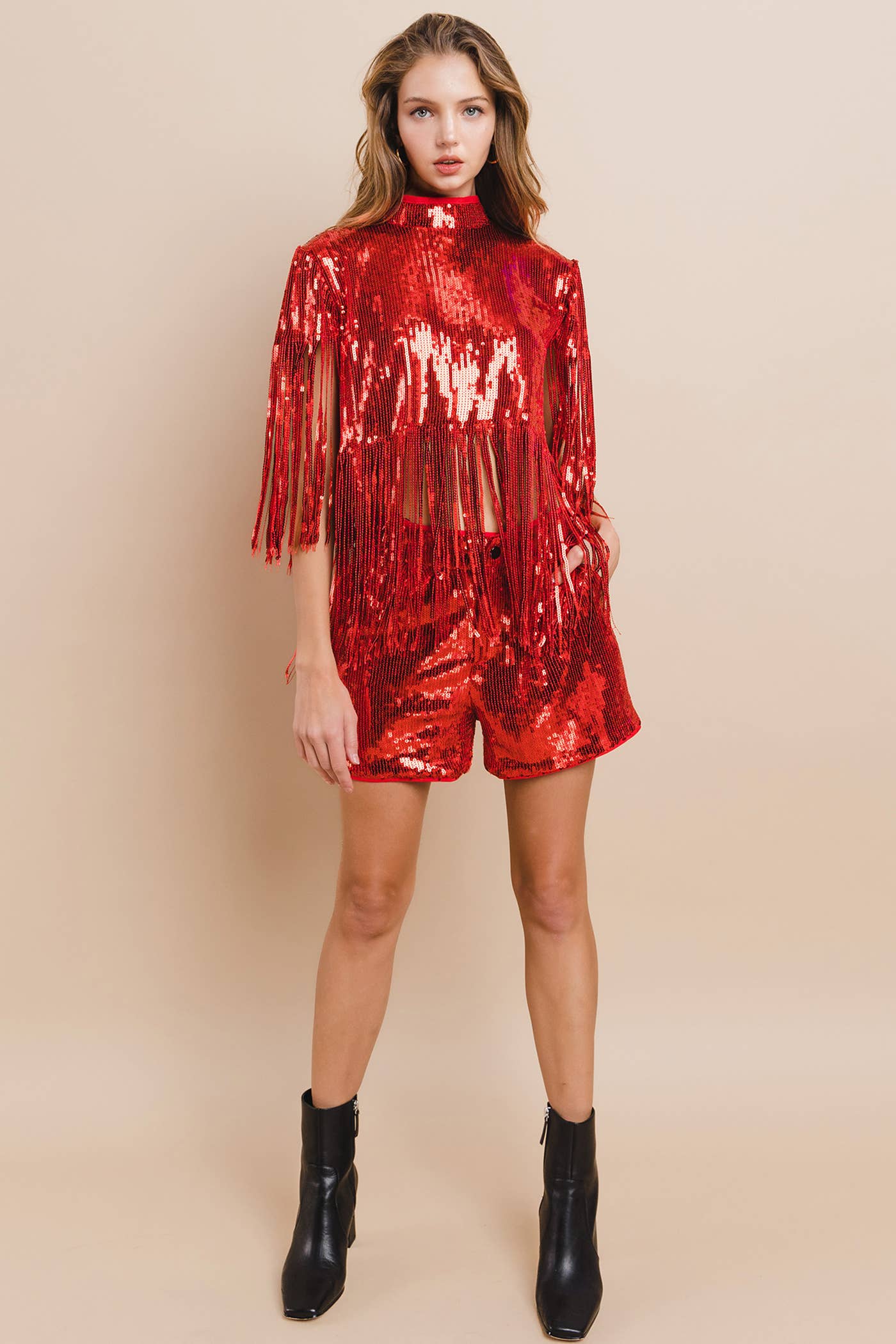 Nylon Apparel - Wholesale Blouse - Women's - 81300T-Fringe-Western Fringed Sequin Mock Neck Poncho Top2