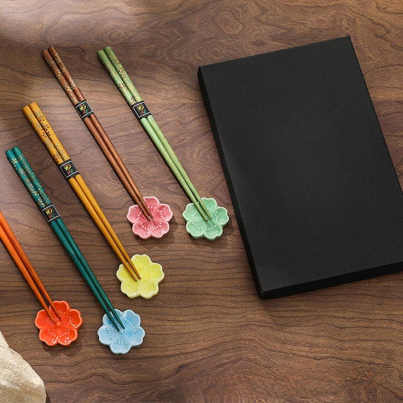 Gohobi （We cover U.S. import duties） - Wholesale Chopsticks - Gohobi A Set of 5 Pairs of Japanese Golden Flowers Wooden Chopsticks and Rests6