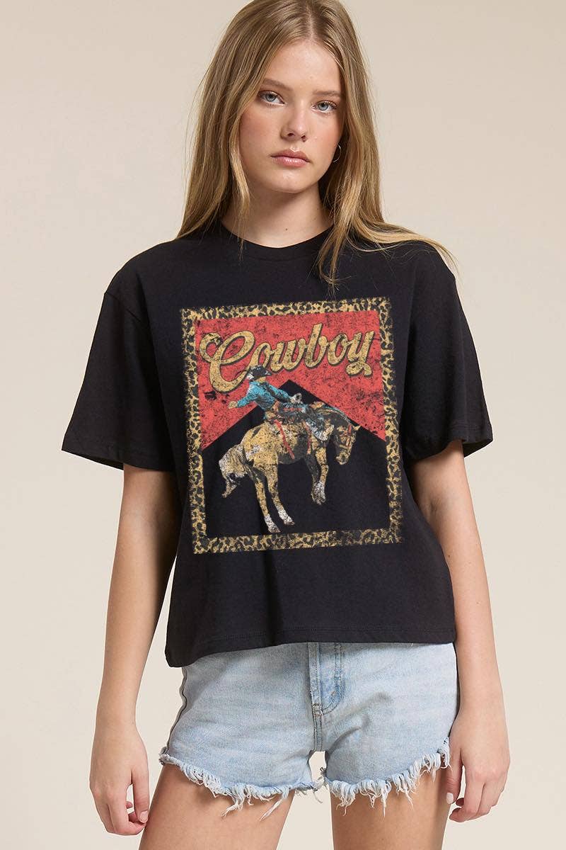 Zutter - Wholesale Screen Printed T-Shirt - Women's - Cowboy Leopard Frame Graphic Premium Cotton Faux Crop Tee