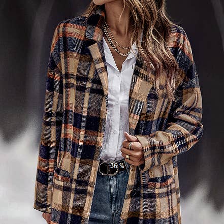 Lapel Checkered Open Front Jacket for wholesale by Supreme Fashion