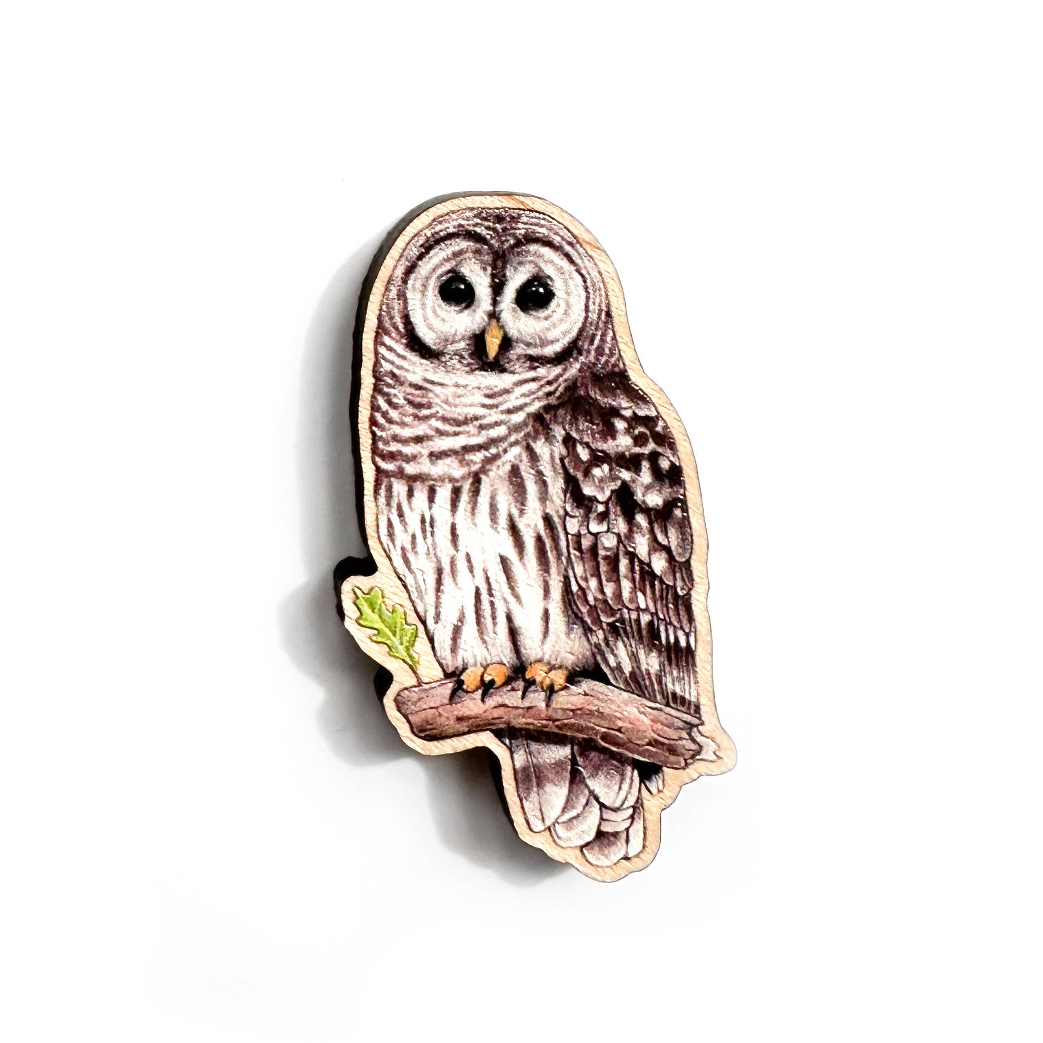 Allison Stoiser Art - Wholesale Lapel Pin/Button - Barred Owl Wooden Pin (Sustainably Sourced)1