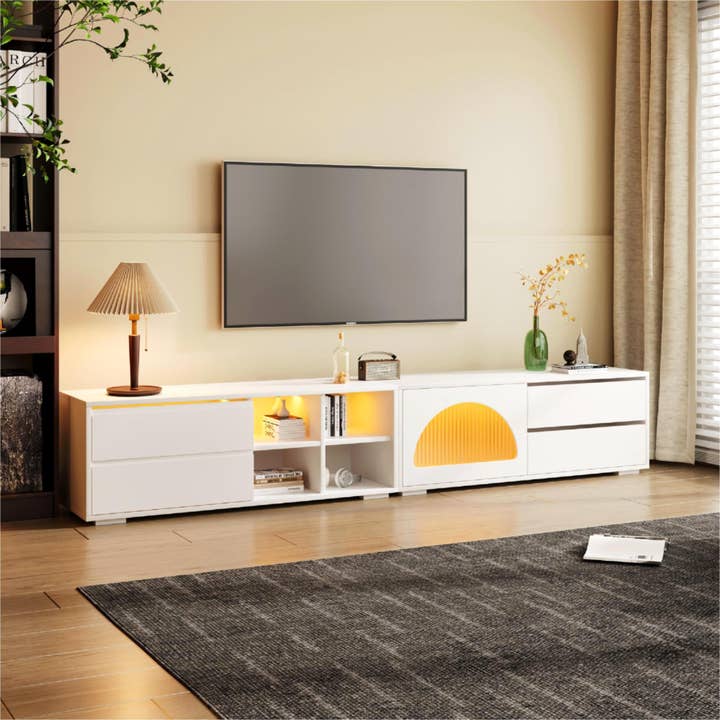 Modern Tv Stand With Fluted Glass Door For Tvs Up To 100", Media Console With Sliding Door & 2 Drawers, Free Combination Entertainment Center With Led Light For Living Room, Bedroom, White White for wholesale by Orange County Decor