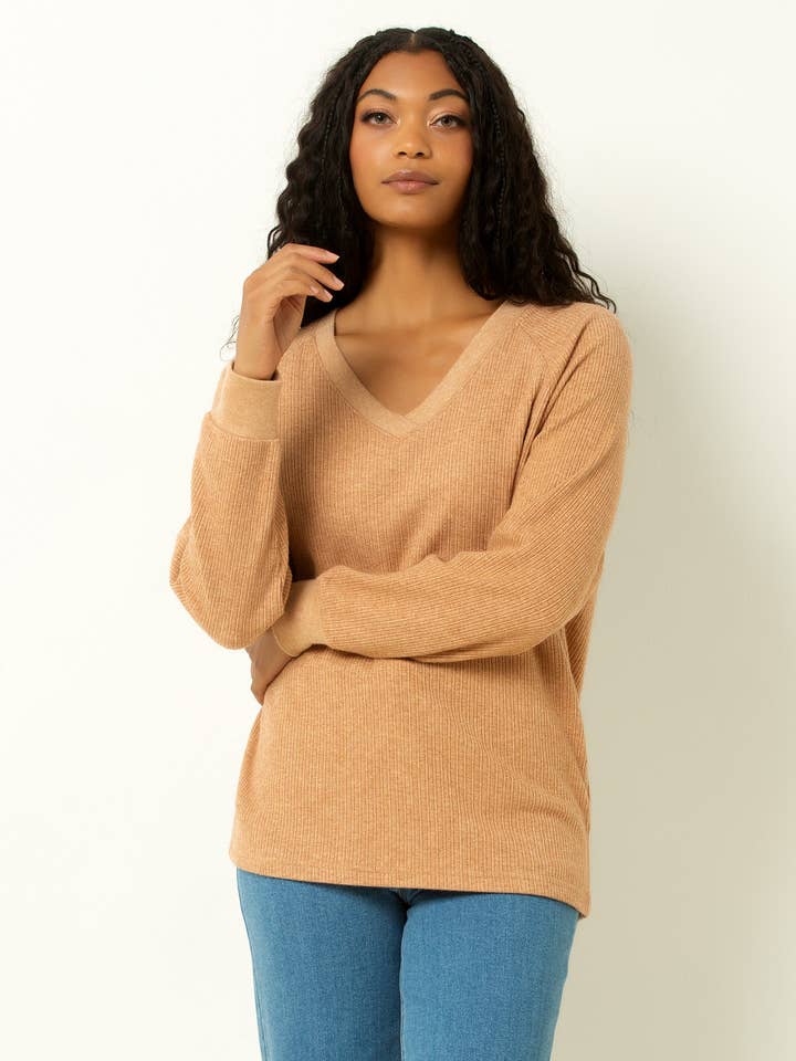 Cape Cod Classic Ribbed V-Neck Sweater - Macaroon for wholesale by Felina