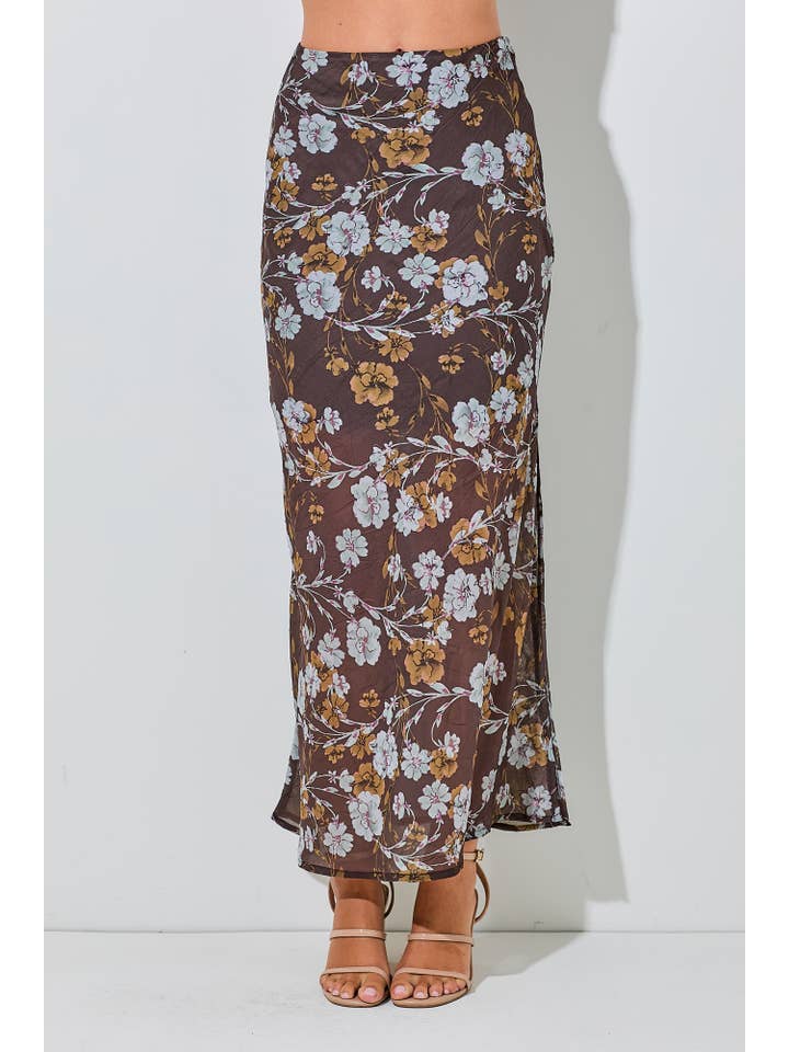 Baevely by Wellmade USA – Engroshandel Nederdel - Dame – SATIN MAXI NEDERDEL MED BLOMSTERPRINT