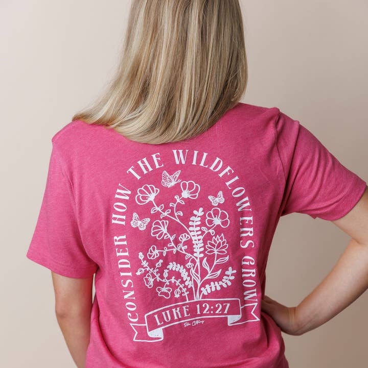 Rohi Clothing - Wholesale Screen Printed T-Shirt - Women's - Consider the Wildflowers Raspberry Tee0